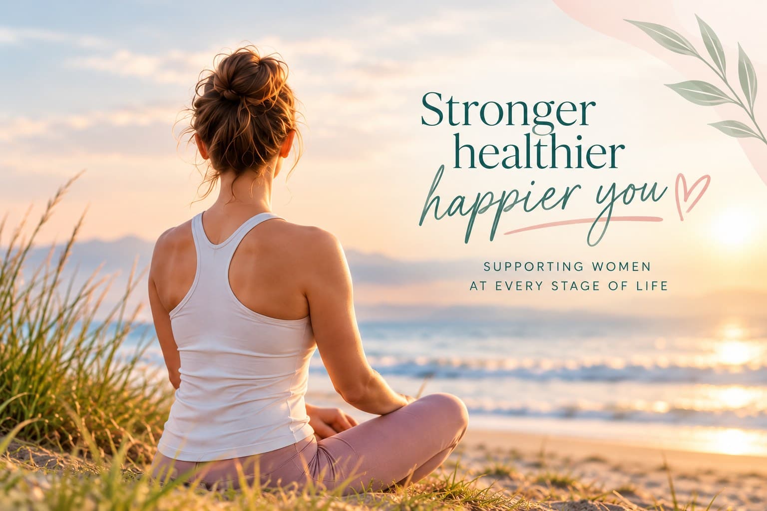 A woman sitting cross-legged on a beach at sunrise, with the words “Stronger, healthier, happier you — supporting women at every stage of life”